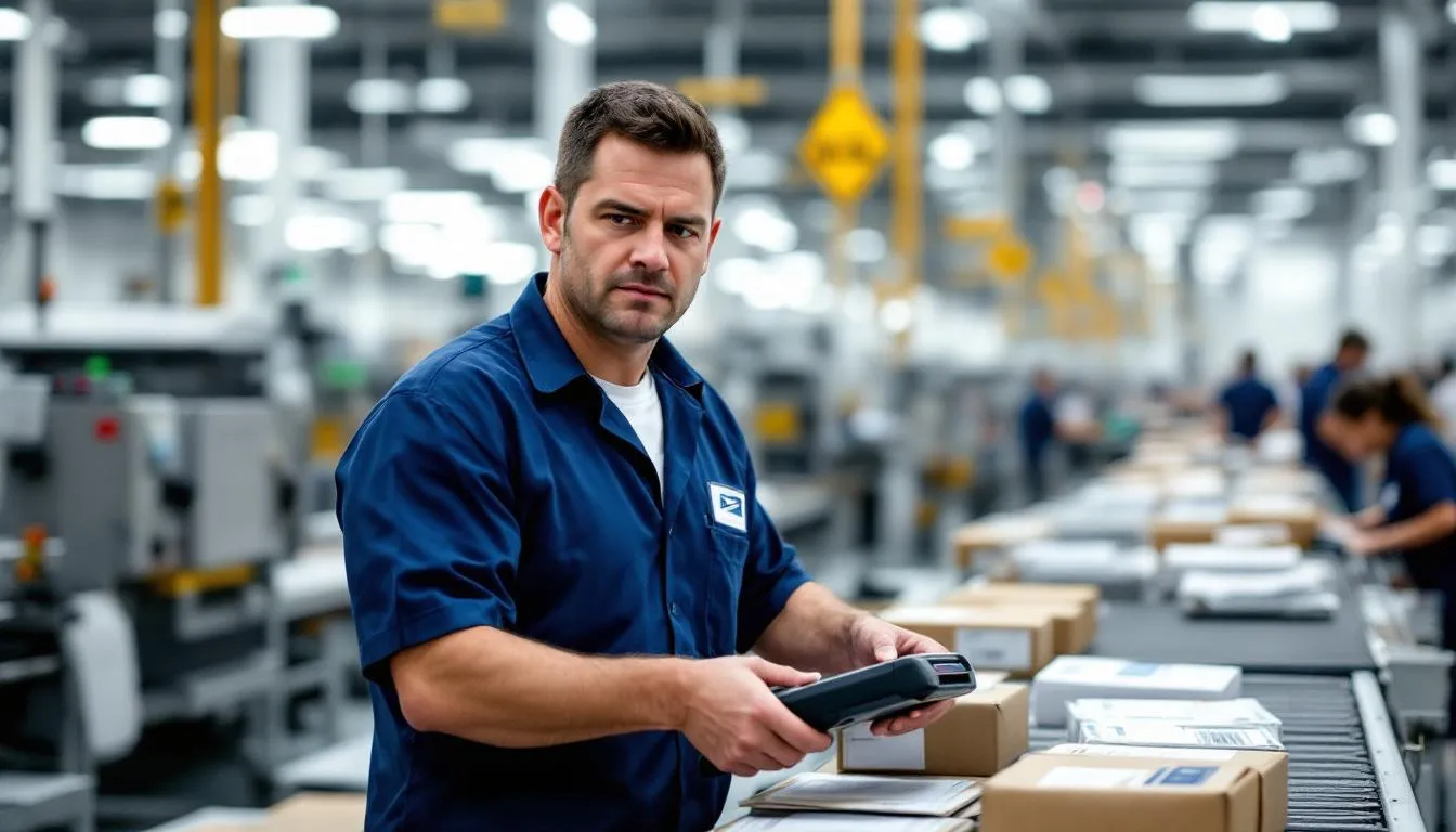 A USPS postal worker is seen sorting through various letters and packages at a mail facility, ensuring that all items are organized for delivery. The scene highlights the dedication of career employees in managing the flow of mail while adhering to the guidelines of accumulated annual leave and service requirements.