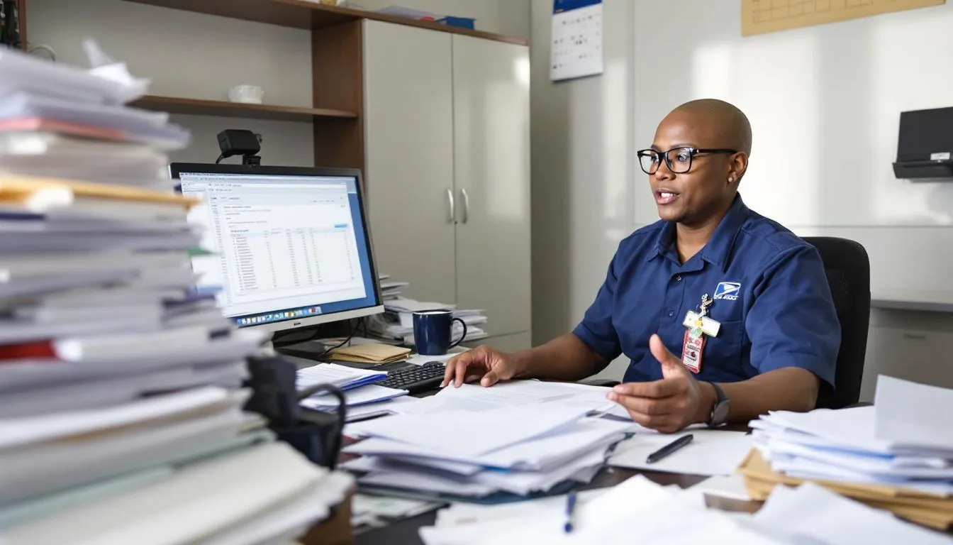 A USPS supervisor is seated at a desk, intently reviewing paperwork related to annual leave hours and accumulated leave for employees. The scene reflects a professional environment where the supervisor is likely assessing requests for annual leave carryover and ensuring compliance with postal service regulations.