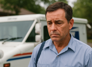 A USPS mail carrier standing beside a postal truck, looking tired and concerned, representing the challenges that lead employees to seek USPS Disability Retirement.