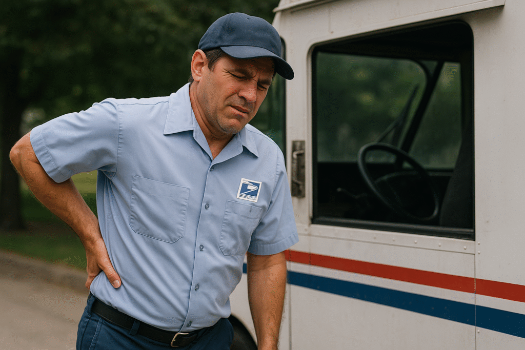 A USPS mail carrier holding his lower back in pain beside a postal truck, illustrating common work-related injuries such as lower back issues, herniated discs, sciatica, and repetitive-motion injuries.