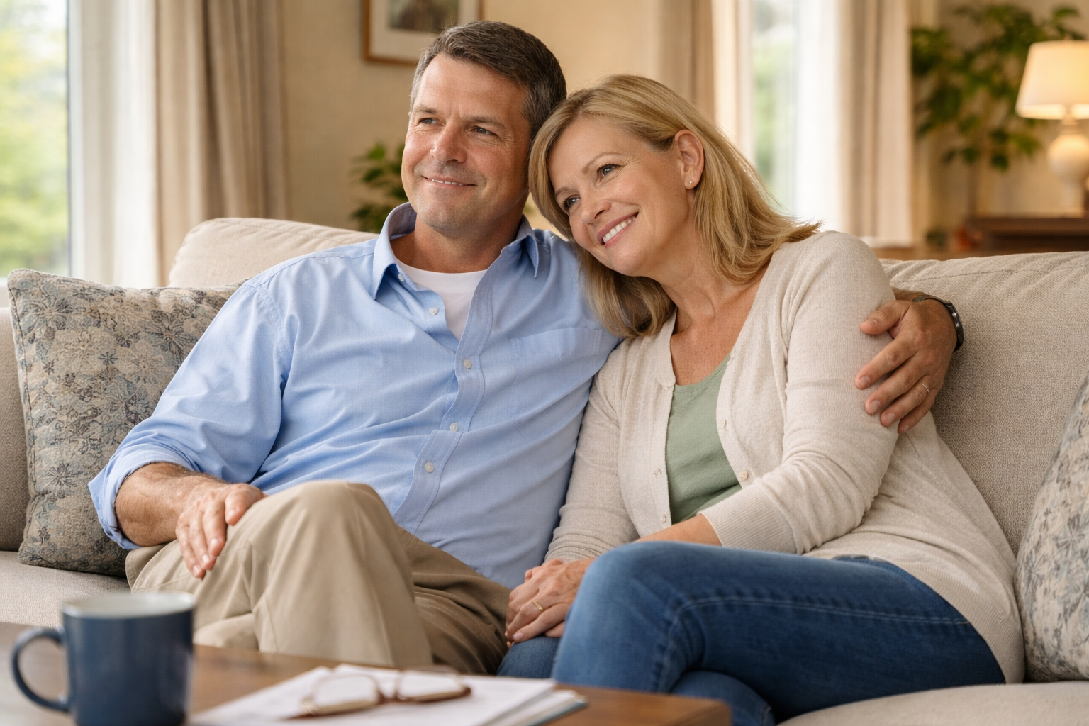 Retired postal worker with spouse reflecting retirement planning and life insurance for USPS employees