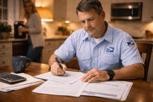 Postal employee reviewing life insurance documents at home with spouse nearby, illustrating life insurance for postal employees and family financial planning