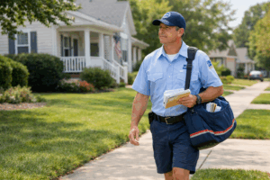USPS mail carrier on a residential route illustrating life insurance for USPS employees and long-term career protection