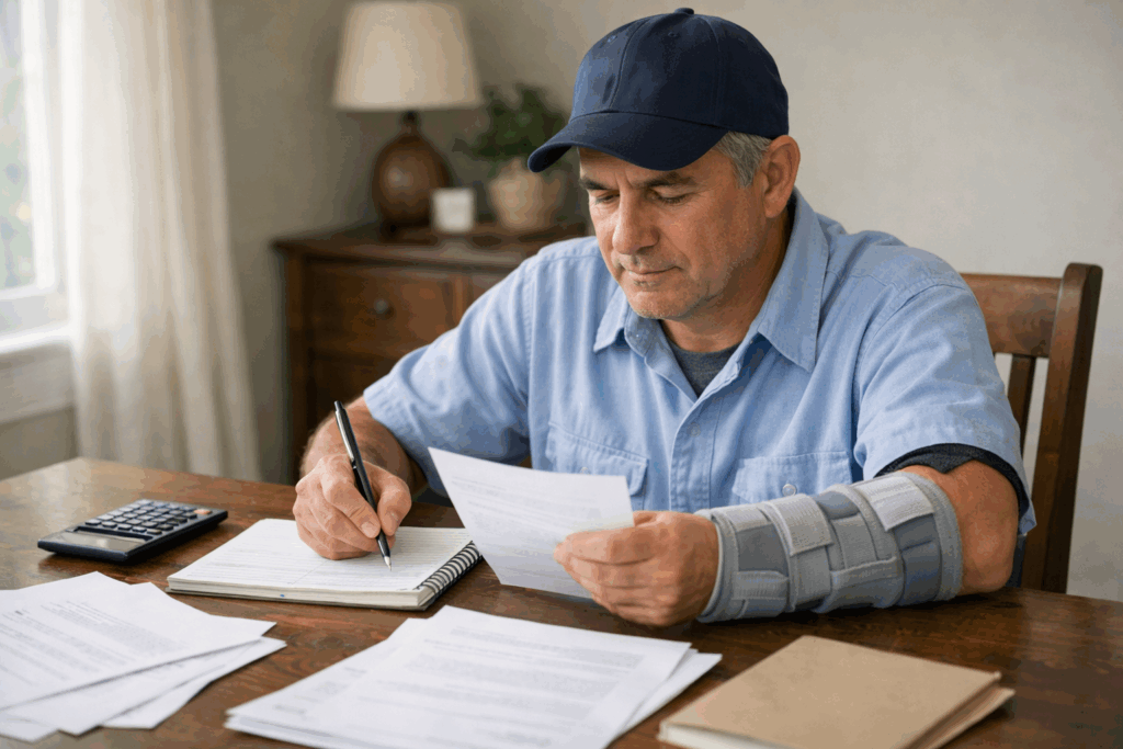USPS employee reviewing disability and leave paperwork at home during injury recovery, illustrating how USPS sick leave vs annual leave for disability claims affects income planning