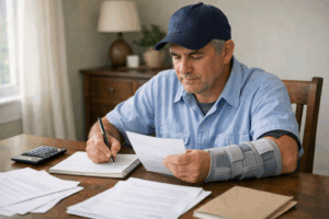 USPS employee reviewing disability and leave paperwork at home during injury recovery, illustrating how USPS sick leave vs annual leave for disability claims affects income planning