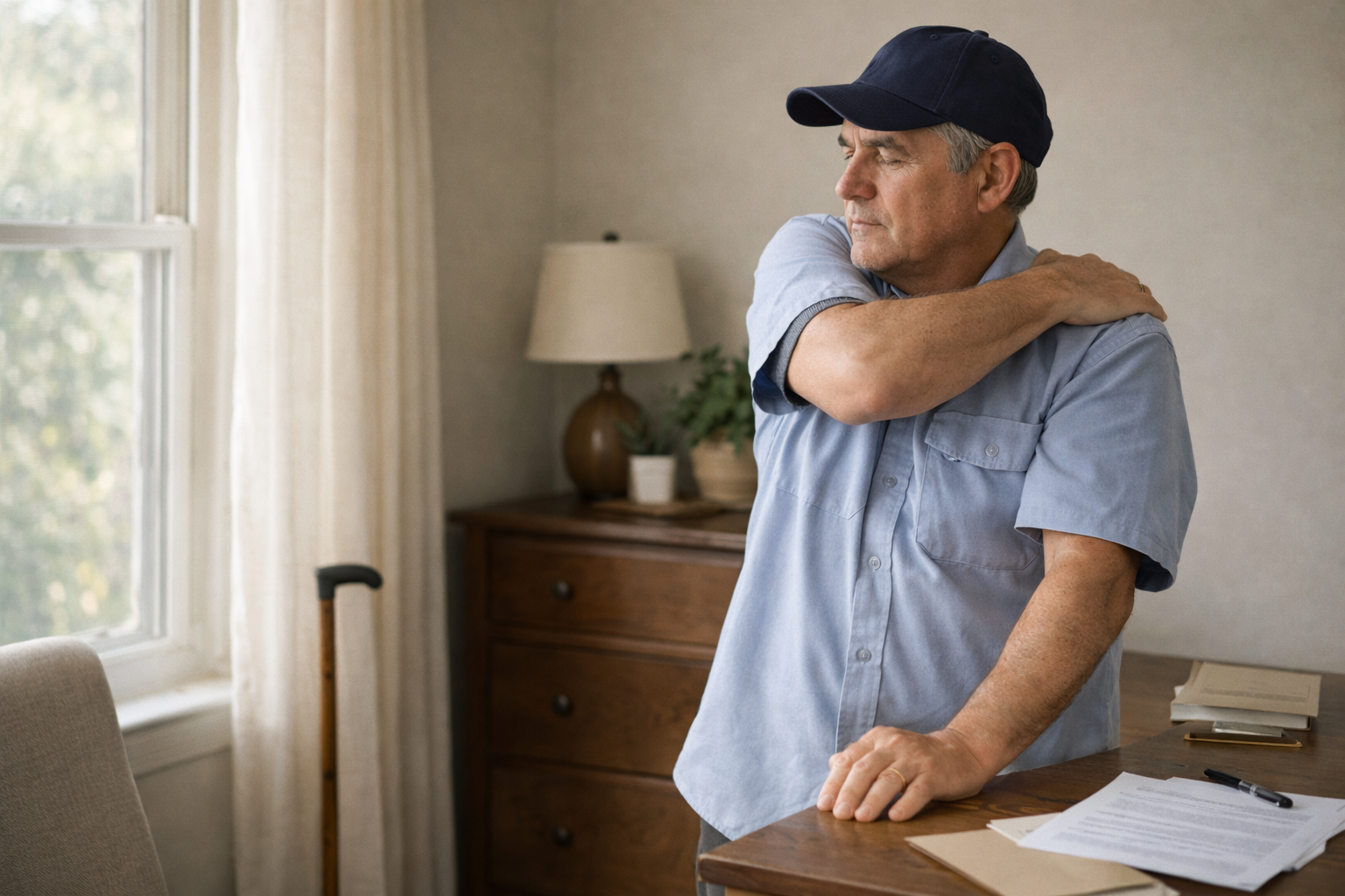 Postal worker stretching in a home office while managing work restrictions, showing real-life impact of USPS sick leave vs annual leave for disability claims during recovery