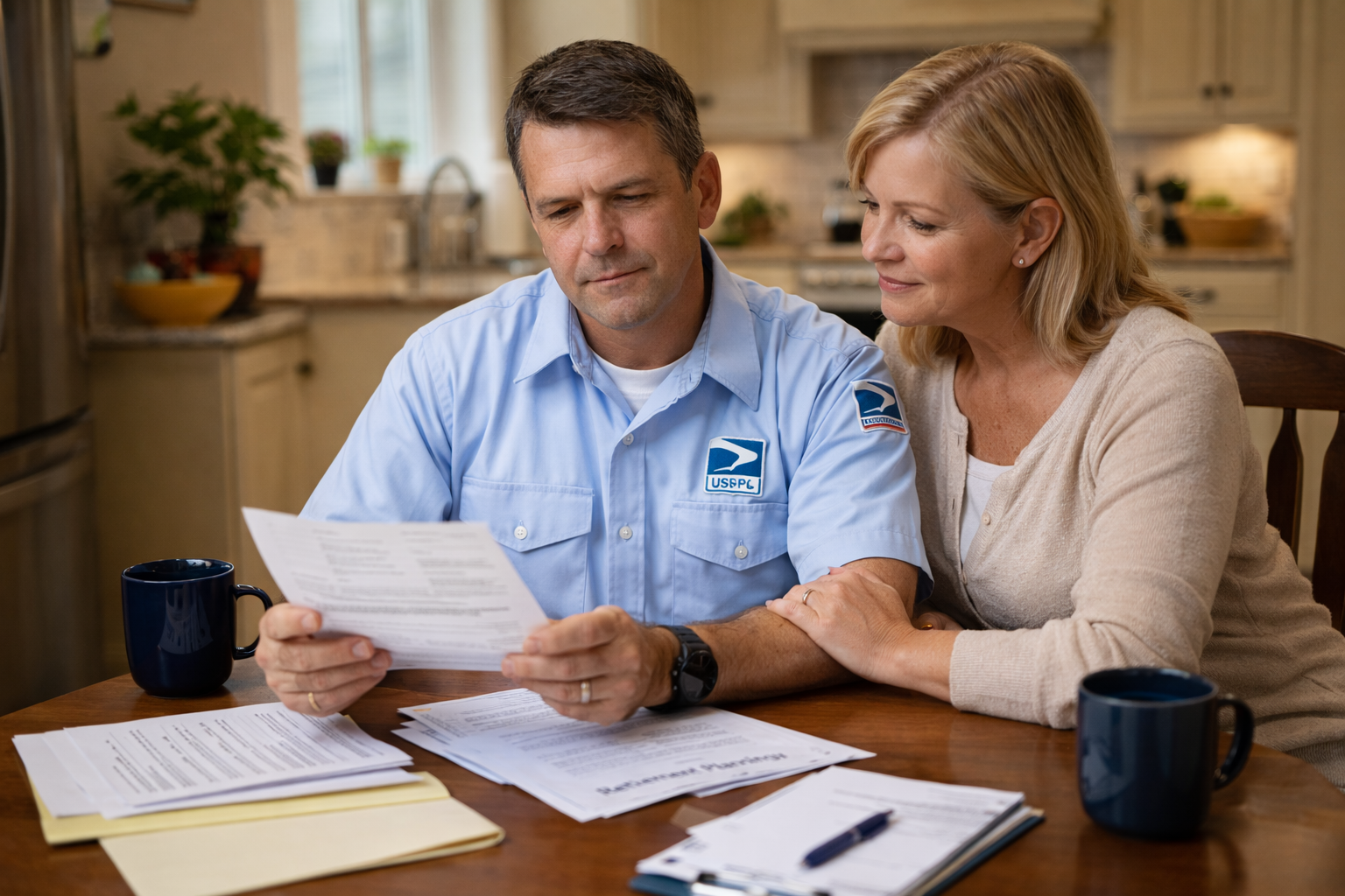 USPS employee reviewing benefits at home as part of understanding life insurance for USPS employees and family planning