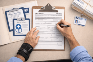 USPS injury compensation CA-1 CA-2 forms being completed with required medical documentation for OWCP