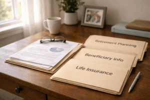 USPS life insurance explained through retirement and beneficiary planning documents in a home office setting