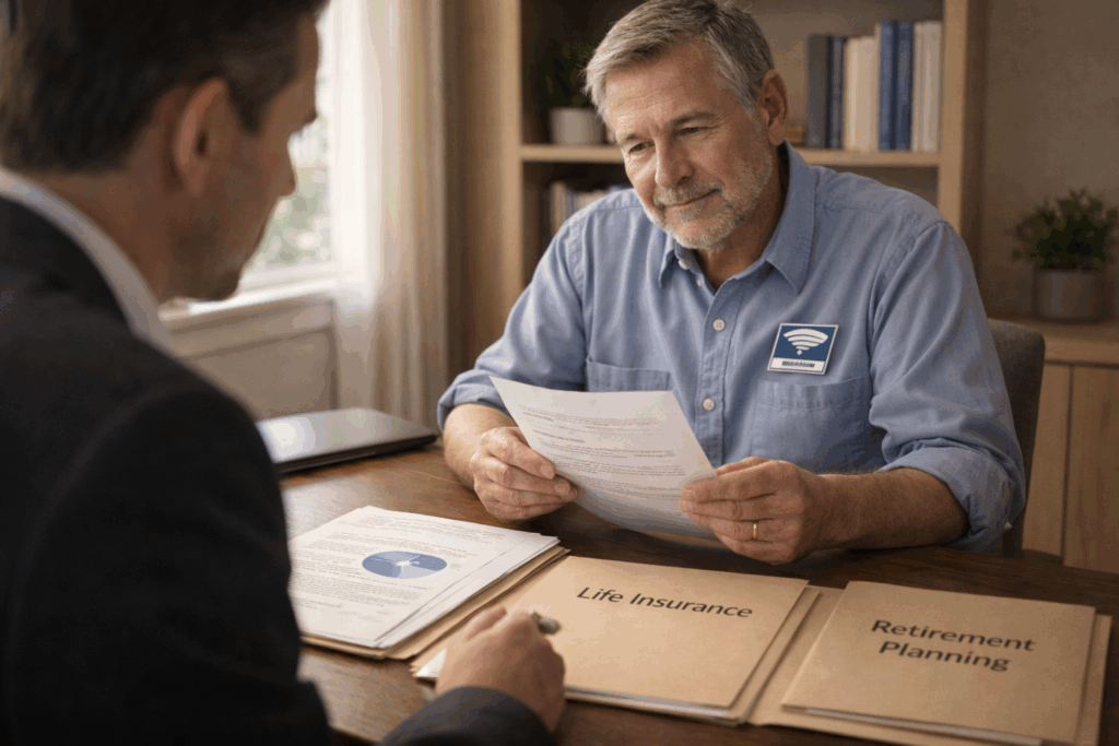 USPS postal worker reviewing life insurance after retirement options with financial advisor at desk