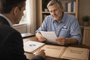 USPS postal worker reviewing life insurance after retirement options with financial advisor at desk