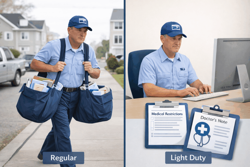 USPS light duty disability benefits illustration showing transition from regular postal route to modified office assignment with medical documentation