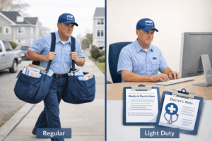 USPS light duty disability benefits illustration showing transition from regular postal route to modified office assignment with medical documentation