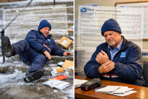 CA-1 vs CA-2 forms for USPS employees illustrated through split-screen image showing postal worker experiencing sudden slip-and-fall injury on left side and gradual repetitive strain injury on right side