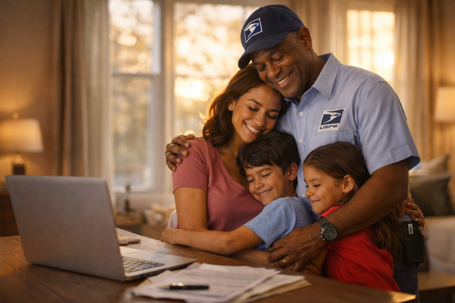 Happy postal worker family at home protected by USPS life insurance benefits, showing financial security and peace of mind for loved ones