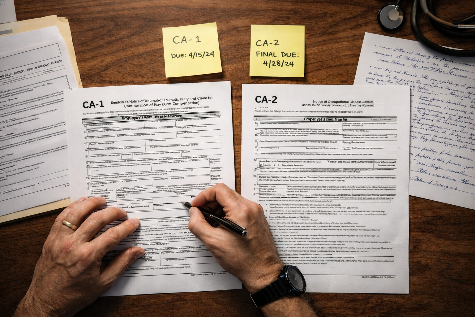 Close-up of federal employee completing required OWCP claim documents accurately to avoid OWCP claim denial