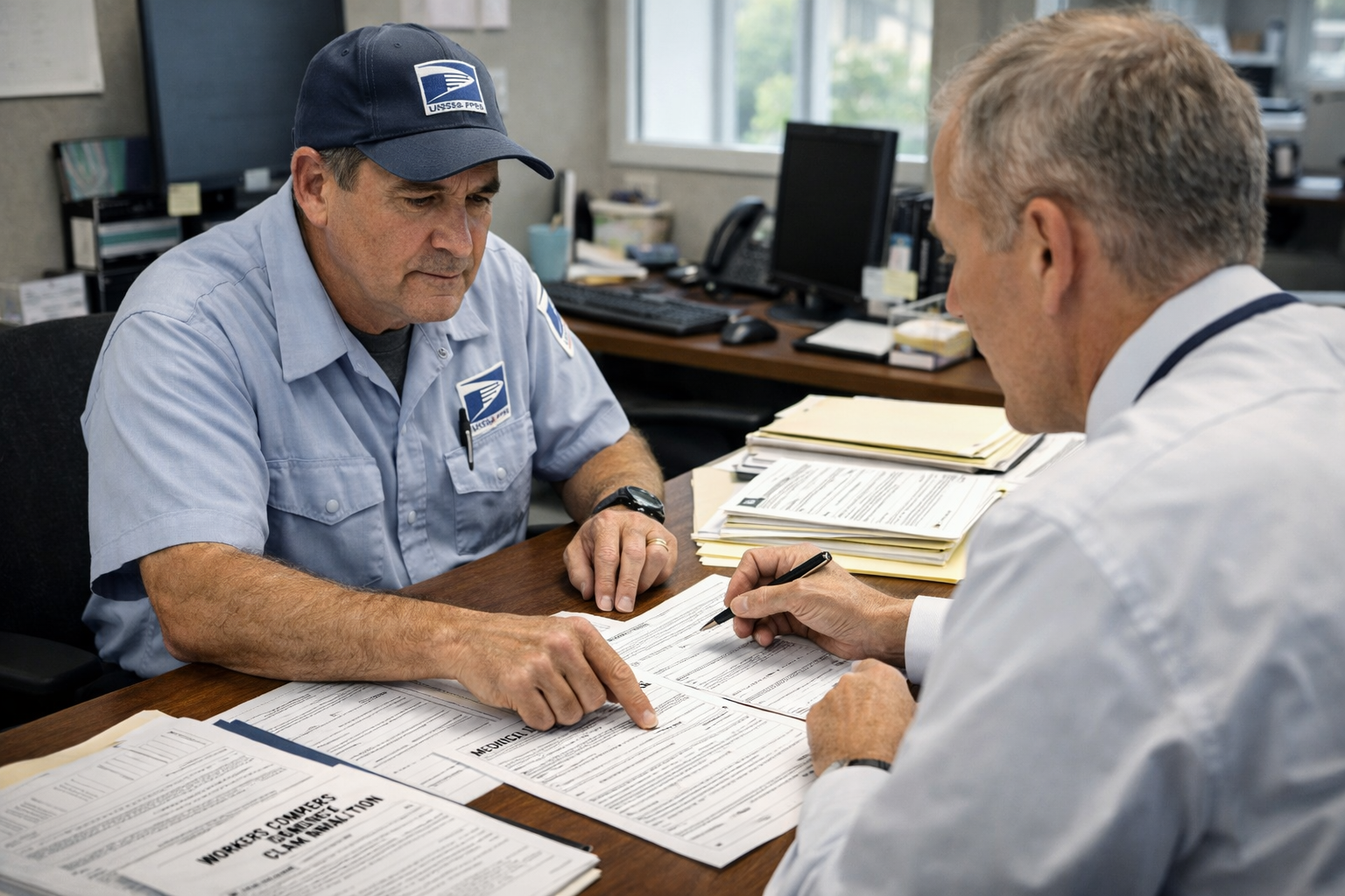 USPS worker consulting with specialist about proper OWCP claim documentation to avoid OWCP claim denial