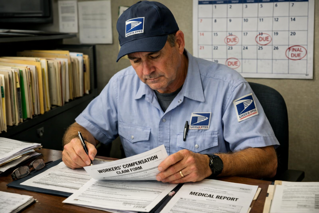 USPS employee carefully reviewing OWCP claim forms and documentation to avoid OWCP claim denial