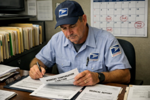 USPS employee carefully reviewing OWCP claim forms and documentation to avoid OWCP claim denial
