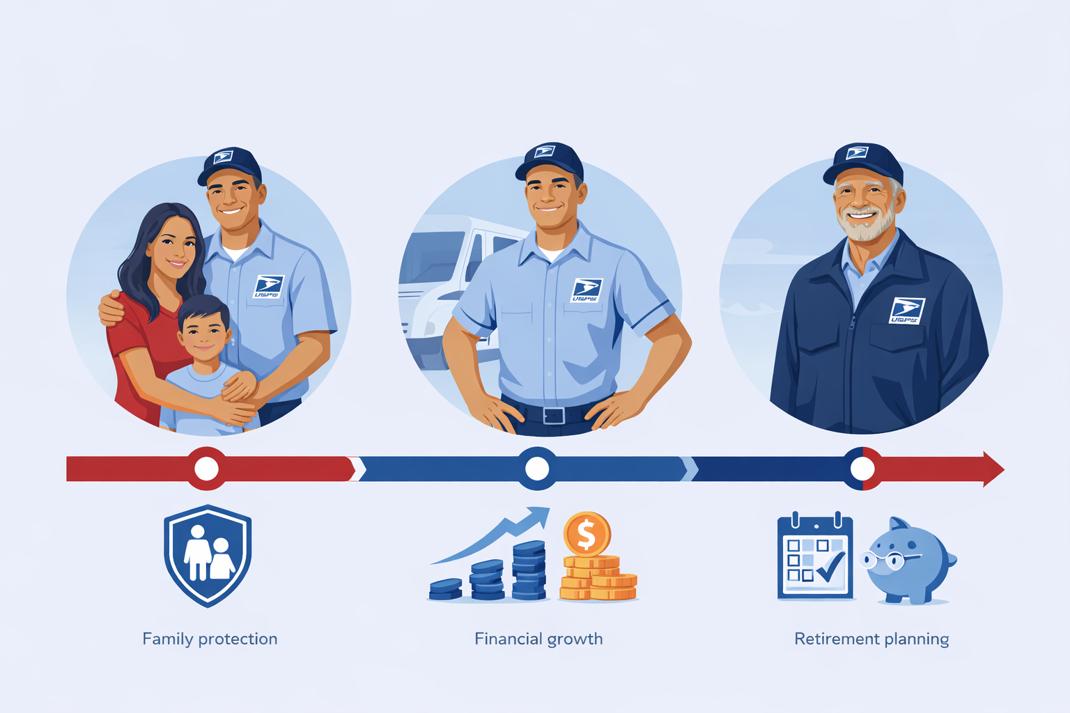 Timeline infographic illustrating USPS life insurance benefits across different career stages from early employment through retirement planning