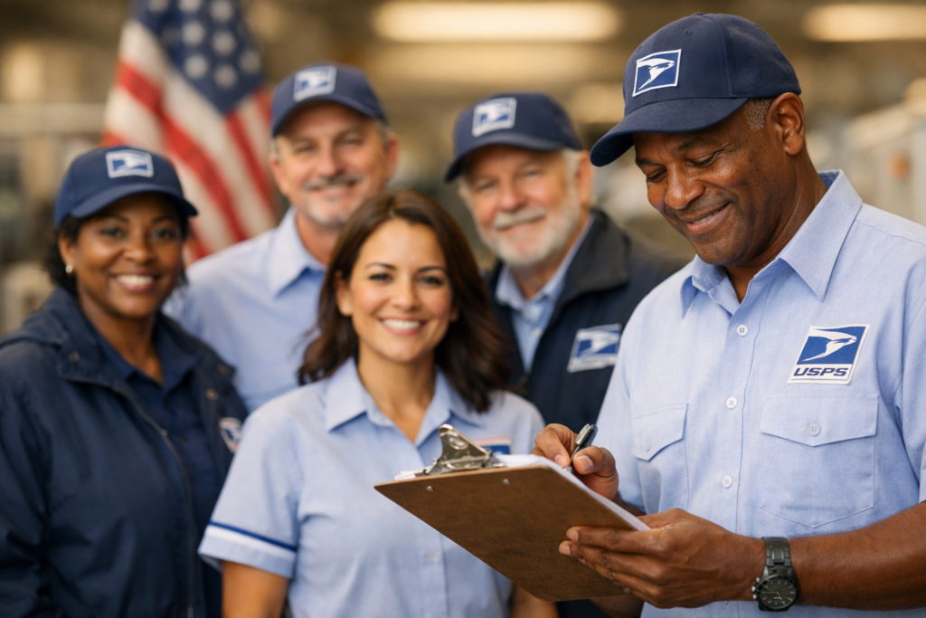 Group of USPS postal workers reviewing life insurance benefits together, representing comprehensive coverage and protection for federal employees