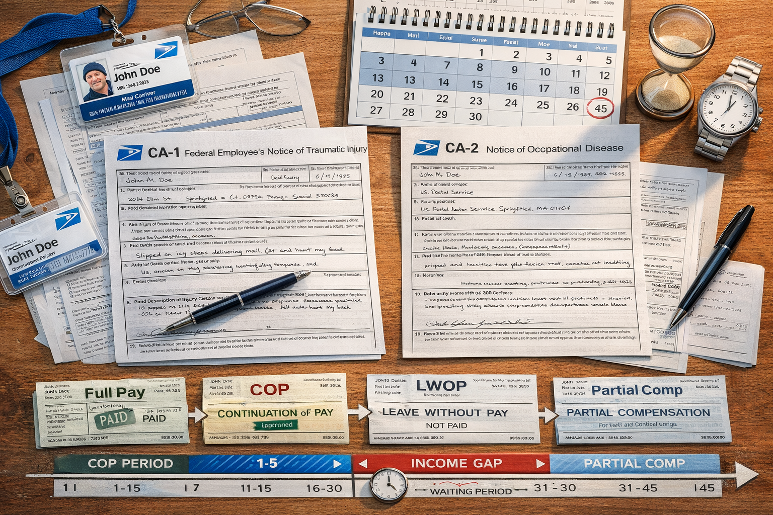 CA-1 vs CA-2 forms for USPS employees displayed side-by-side with pay stubs, calendar showing 45-day COP eligibility period, and documentation illustrating income gaps during workers' compensation claims process