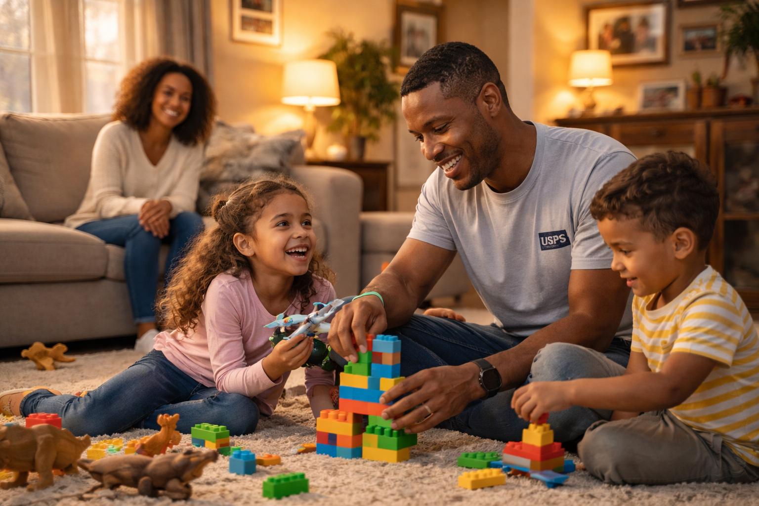 Happy postal worker family at home demonstrating how life insurance protects postal workers' families through financial security