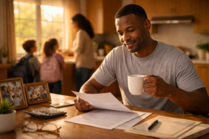 Postal worker reviewing life insurance beneficiary forms showing how life insurance protects postal workers' families through planning