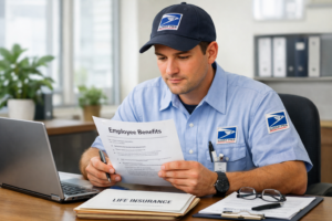 USPS employee reviewing benefits paperwork, illustrating Life Insurance Basics for New Postal Employees