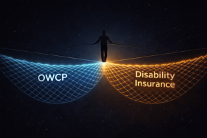 Conceptual illustration showing how workers can receive OWCP and disability insurance at the same time as dual financial safety nets.