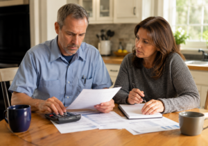 USPS employee reviewing paperwork and calculating expenses at home while learning about life insurance cost for USPS employees and family financial protection.