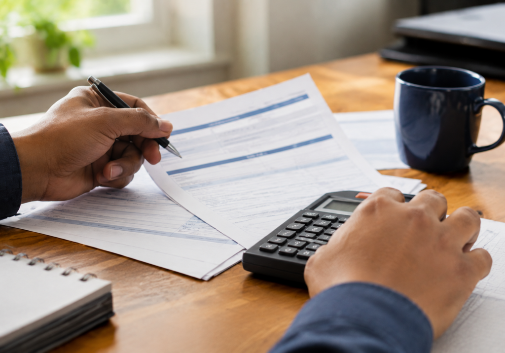 Hands reviewing a life insurance benefits form, representing the process of choosing affordable life insurance options for postal workers